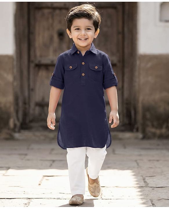 Babyhug Cotton Linen Woven Full Sleeves Solid Color Pathani Kurta Pajama Set - Navy Blue