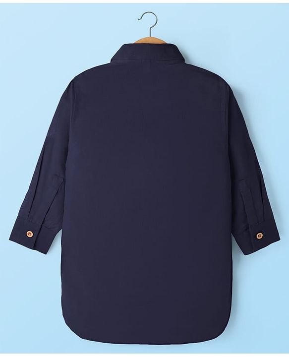 Babyhug Cotton Linen Woven Full Sleeves Solid Color Pathani Kurta Pajama Set - Navy Blue