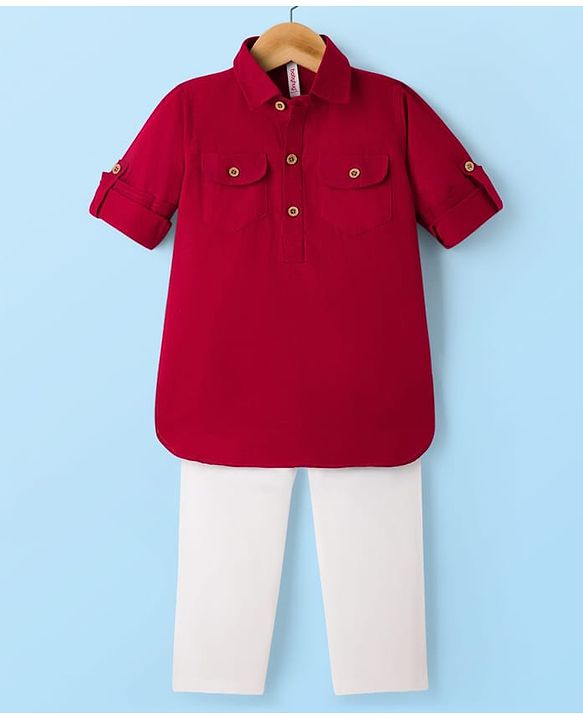 Babyhug Cotton Linen Woven Full Sleeves Solid Color Pathani Kurta Pajama Set - Maroon
