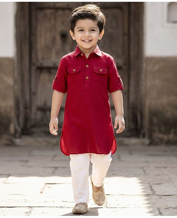 Babyhug Cotton Linen Woven Full Sleeves Solid Color Pathani Kurta Pajama Set - Maroon