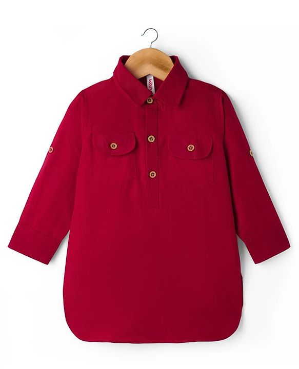 Babyhug Cotton Linen Woven Full Sleeves Solid Color Pathani Kurta Pajama Set - Maroon