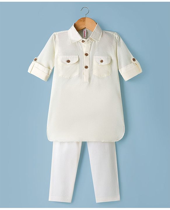 Babyhug Cotton Linen Woven Full Sleeves Pathani Kurta Pajama Set - Off White