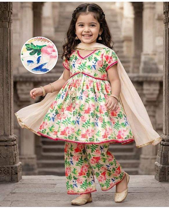 Babyhug Cotton Woven Half Sleeves Floral Printed Kurta & Palazo Set With Dupatta - White