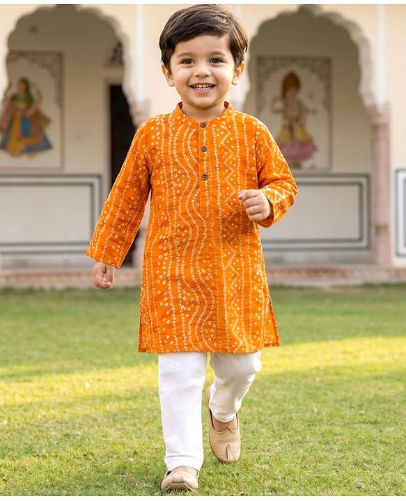 Babyhug Cambric Woven Full Sleeves Kurta Pajama Set with Motif Print- Mustard