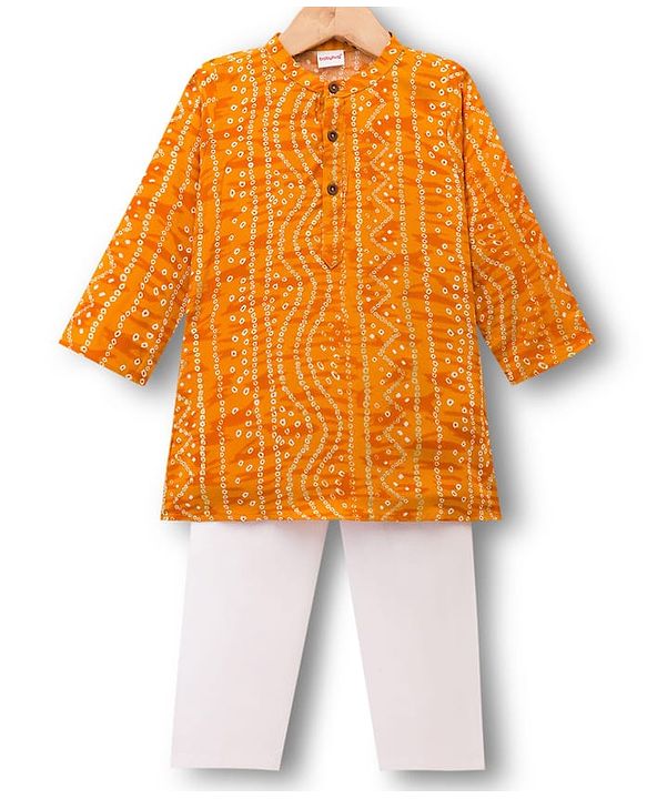 Babyhug Cambric Woven Full Sleeves Kurta Pajama Set with Motif Print- Mustard