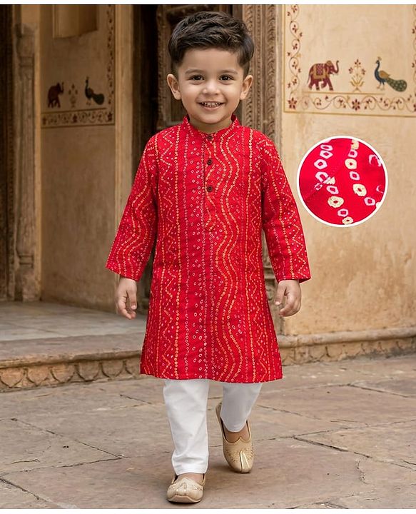 Babyhug Cambric Woven Full Sleeves Kurta Pajama Set with Motif Print- Red