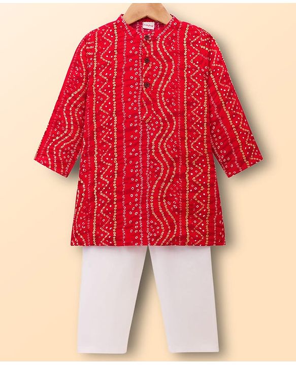 Babyhug Cambric Woven Full Sleeves Kurta Pajama Set with Motif Print- Red