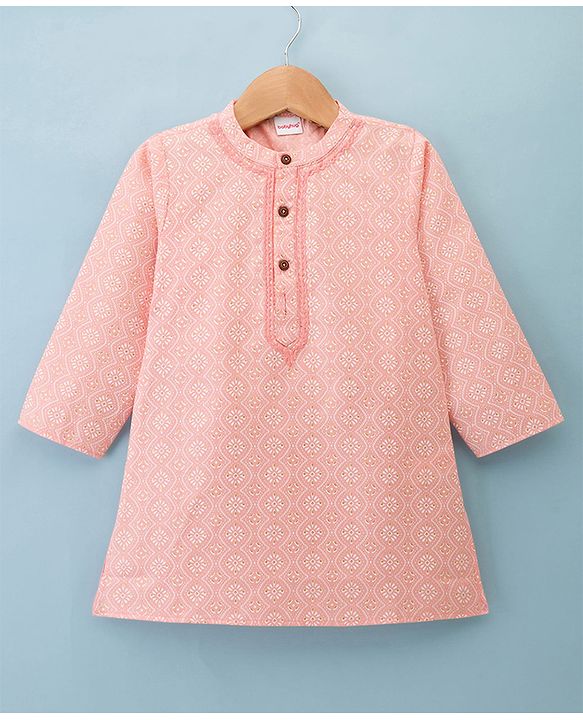 Babyhug 100% Cambric Cotton Woven Full Sleeves  Floral Printed Kurta & Dhoti Set - Peach