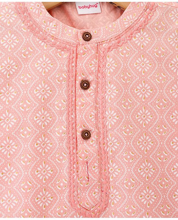 Babyhug 100% Cambric Cotton Woven Full Sleeves  Floral Printed Kurta & Dhoti Set - Peach