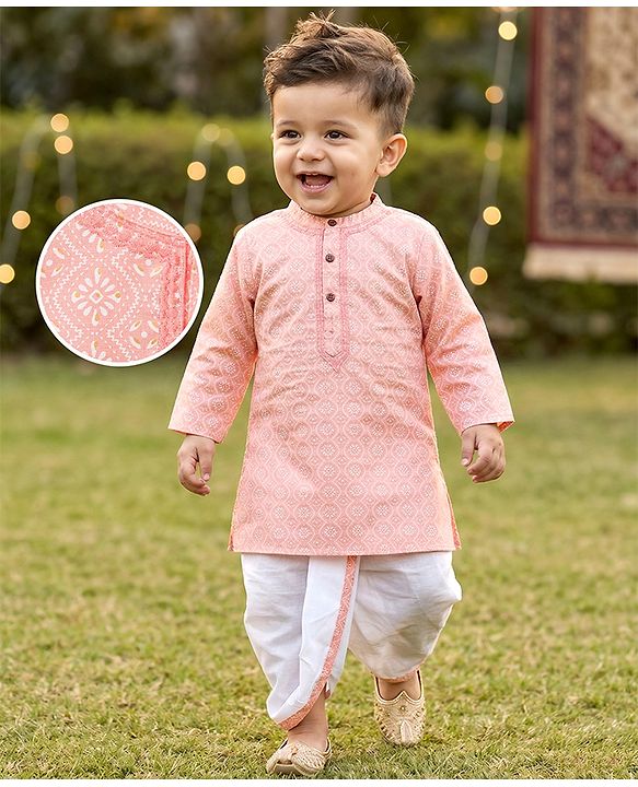 Babyhug 100% Cambric Cotton Woven Full Sleeves  Floral Printed Kurta & Dhoti Set - Peach