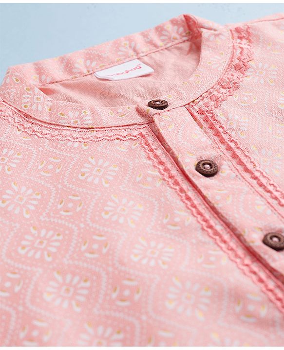 Babyhug 100% Cambric Cotton Woven Full Sleeves  Floral Printed Kurta & Dhoti Set - Peach