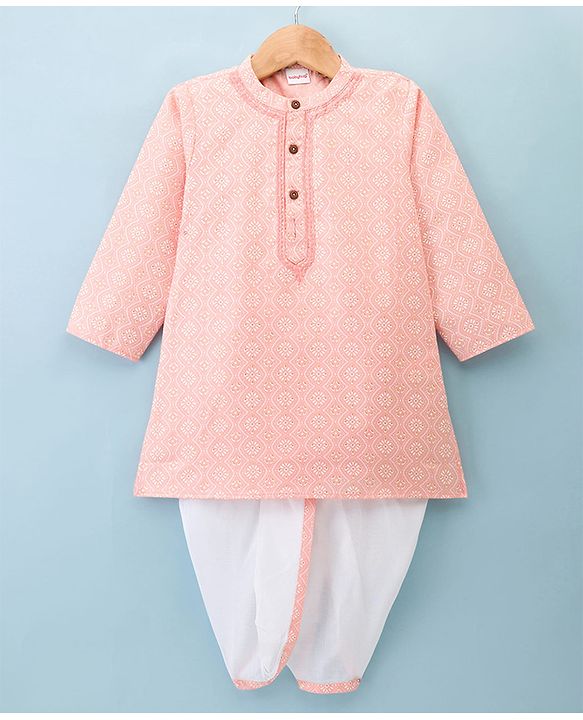 Babyhug 100% Cambric Cotton Woven Full Sleeves  Floral Printed Kurta & Dhoti Set - Peach