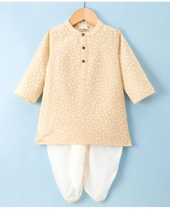Babyhug Cambric Woven Full Sleeves Kurta Dhoti Set with Triangle Print - Beige