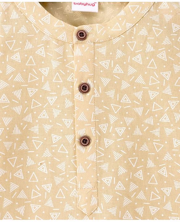 Babyhug Cambric Woven Full Sleeves Kurta Dhoti Set with Triangle Print - Beige