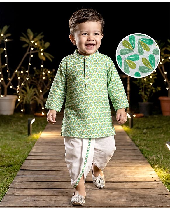 Babyhug Cambric Woven Full Sleeves Kurta Dhoti Set With Leaf Print - White