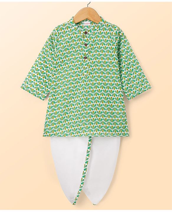 Babyhug Cambric Woven Full Sleeves Kurta Dhoti Set With Leaf Print - White