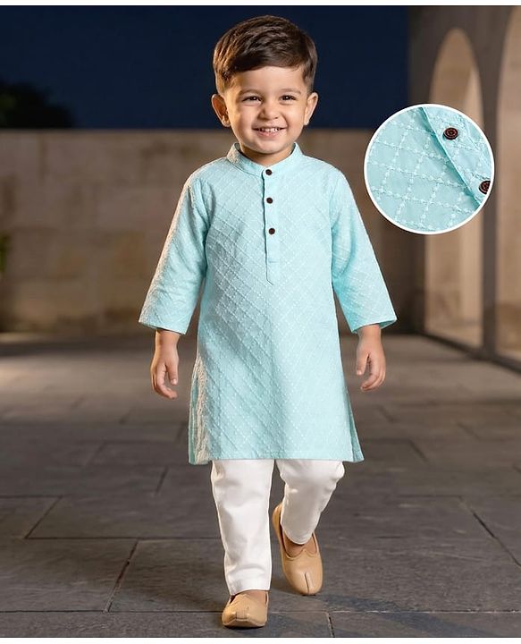 Babyhug Cambric Woven Full Sleeves Hakkoba Embroidered Kurta Pyjama Set - Light Blue