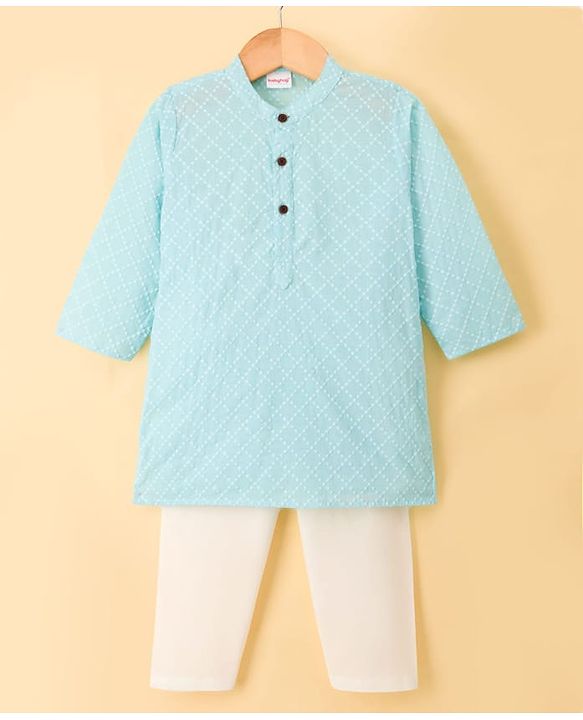 Babyhug Cambric Woven Full Sleeves Hakkoba Embroidered Kurta Pyjama Set - Light Blue