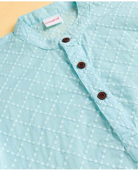 Babyhug Cambric Woven Full Sleeves Hakkoba Embroidered Kurta Pyjama Set - Light Blue