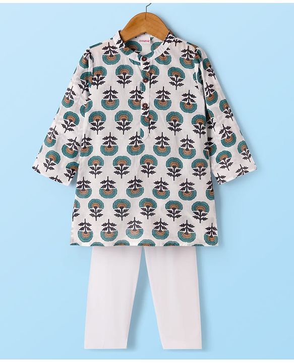 Babyhug Cambric Woven Full Sleeves Kurta Pajama Set with Floral Print - White