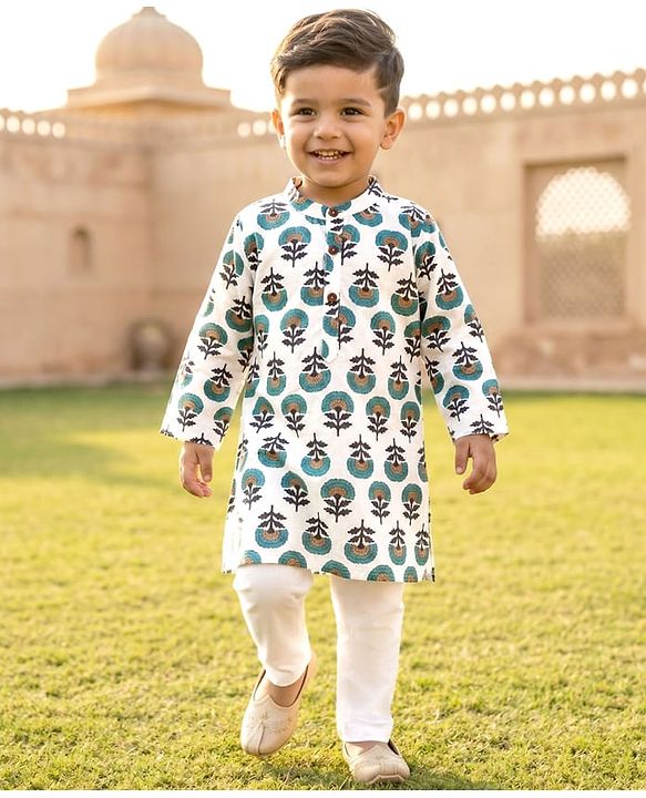 Babyhug Cambric Woven Full Sleeves Kurta Pajama Set with Floral Print - White