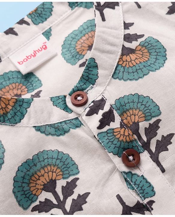 Babyhug Cambric Woven Full Sleeves Kurta Pajama Set with Floral Print - White