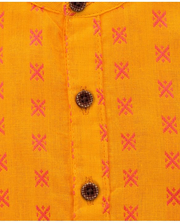 Babyhug Cotton Dobby Woven Full Sleeves Kurta Pajama Set with Motif Print- Mustard