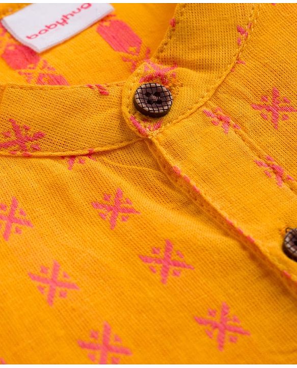 Babyhug Cotton Dobby Woven Full Sleeves Kurta Pajama Set with Motif Print- Mustard