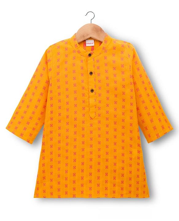 Babyhug Cotton Dobby Woven Full Sleeves Kurta Pajama Set with Motif Print- Mustard