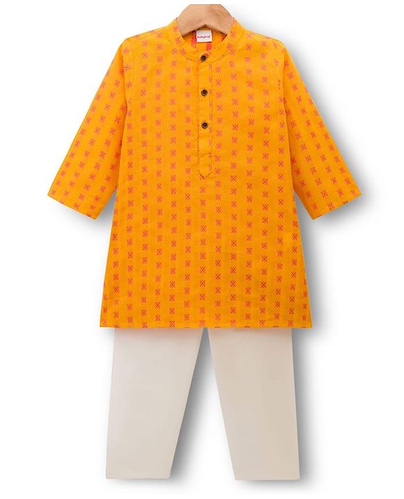 Babyhug Cotton Dobby Woven Full Sleeves Kurta Pajama Set with Motif Print- Mustard