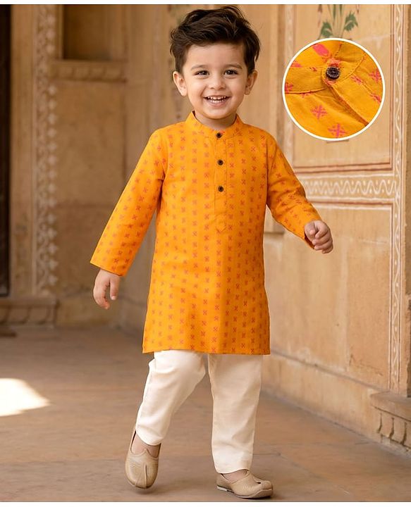Babyhug Cotton Dobby Woven Full Sleeves Kurta Pajama Set with Motif Print- Mustard