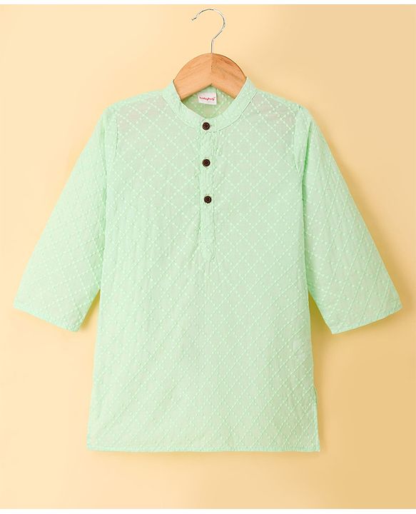 Babyhug Cambric Woven Full Sleeves Hakkoba Embroidered Kurta Pyjama Set - Mint Green