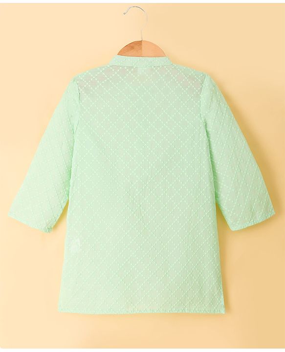 Babyhug Cambric Woven Full Sleeves Hakkoba Embroidered Kurta Pyjama Set - Mint Green