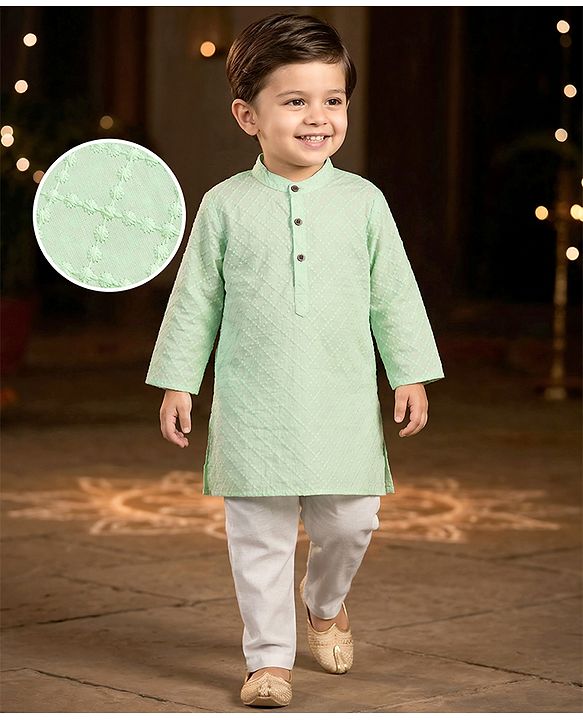 Babyhug Cambric Woven Full Sleeves Hakkoba Embroidered Kurta Pyjama Set - Mint Green
