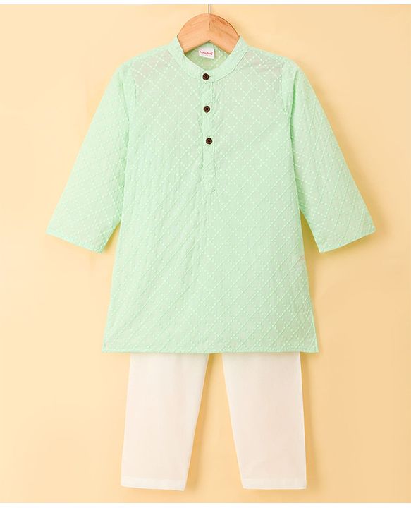 Babyhug Cambric Woven Full Sleeves Hakkoba Embroidered Kurta Pyjama Set - Mint Green