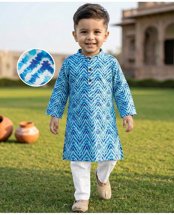 Babyhug Cambric Woven Full Sleeves Kurta Pajama Set with Chevron Print - Blue