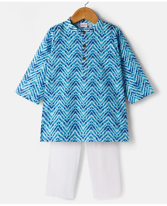Babyhug Cambric Woven Full Sleeves Kurta Pajama Set with Chevron Print - Blue