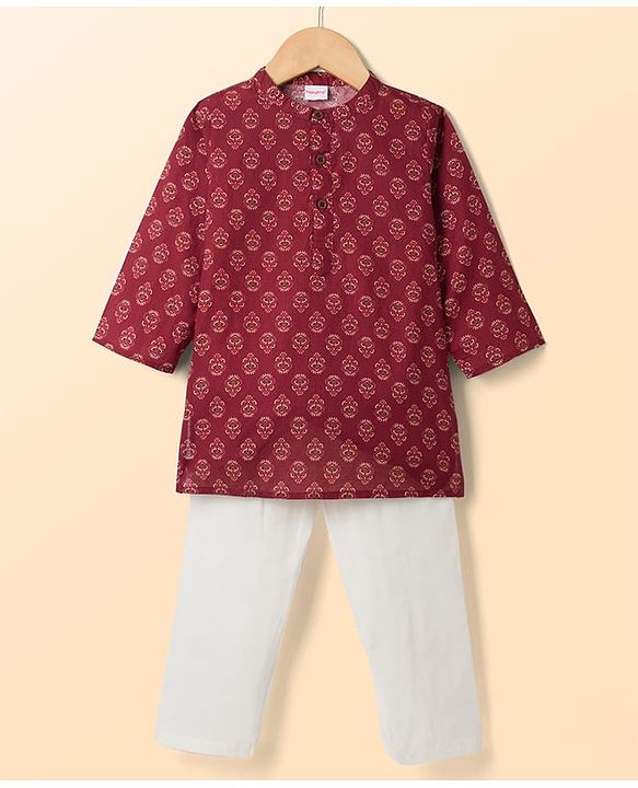 Babyhug 100% Cotton Woven Full Sleeves Cambric Printed Kurta Pyjama Set - Maroon