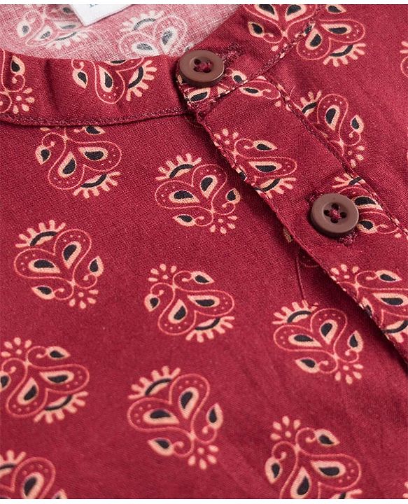 Babyhug 100% Cotton Woven Full Sleeves Cambric Printed Kurta Pyjama Set - Maroon