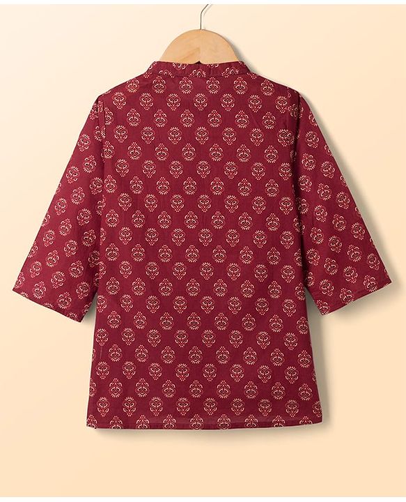 Babyhug 100% Cotton Woven Full Sleeves Cambric Printed Kurta Pyjama Set - Maroon