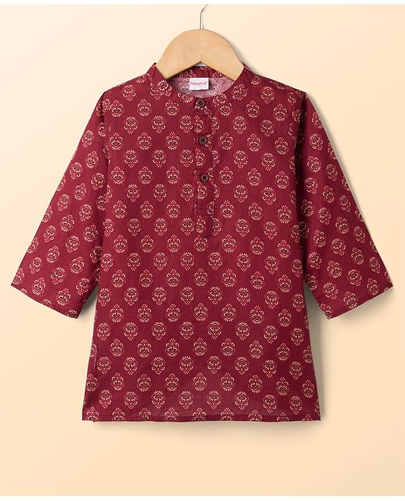 Babyhug 100% Cotton Woven Full Sleeves Cambric Printed Kurta Pyjama Set - Maroon