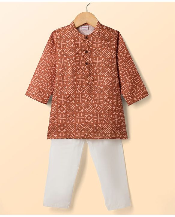 Babyhug Cambric Woven Full Sleeves Kurta Pajama Set with Abstract Print - Maroon