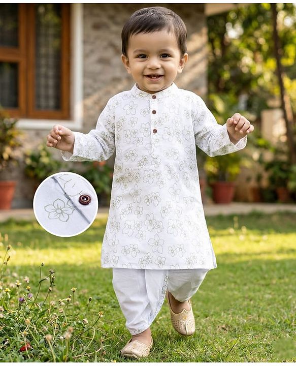 Babyhug Cambric Woven Full Sleeves Kurta Dhoti Set with Floral Print - White