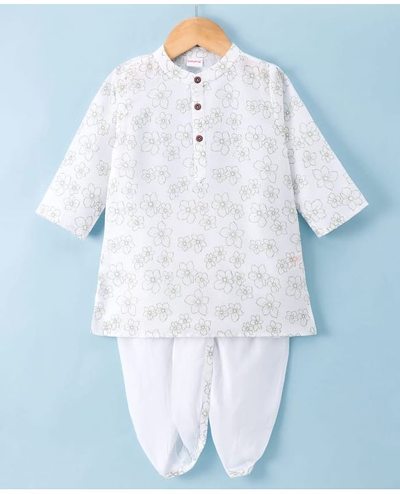 Babyhug Cambric Woven Full Sleeves Kurta Dhoti Set with Floral Print - White