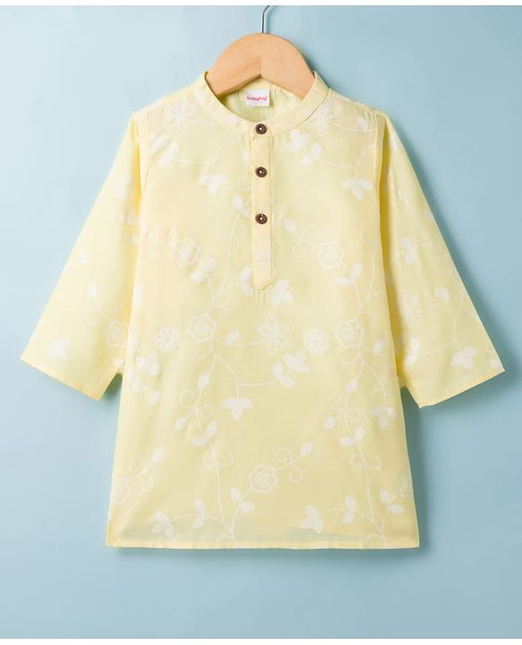 Babyhug 100% Cotton Woven Full Sleeves Floral Embroidered Cambric Kurta & Dhoti Set - Yellow
