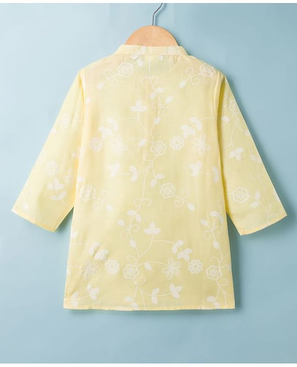 Babyhug 100% Cotton Woven Full Sleeves Floral Embroidered Cambric Kurta & Dhoti Set - Yellow