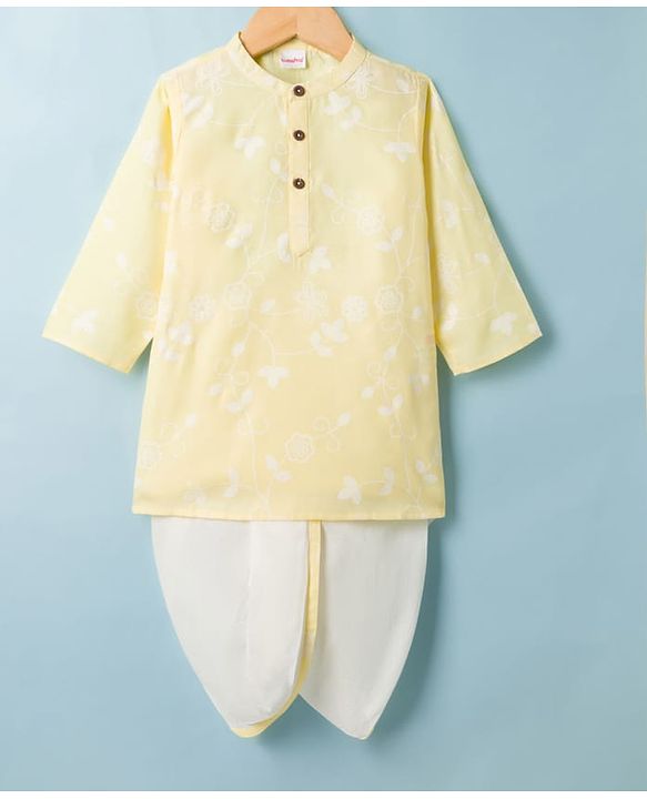 Babyhug 100% Cotton Woven Full Sleeves Floral Embroidered Cambric Kurta & Dhoti Set - Yellow