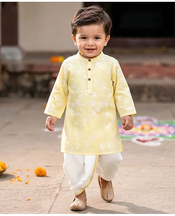 Babyhug 100% Cotton Woven Full Sleeves Floral Embroidered Cambric Kurta & Dhoti Set - Yellow