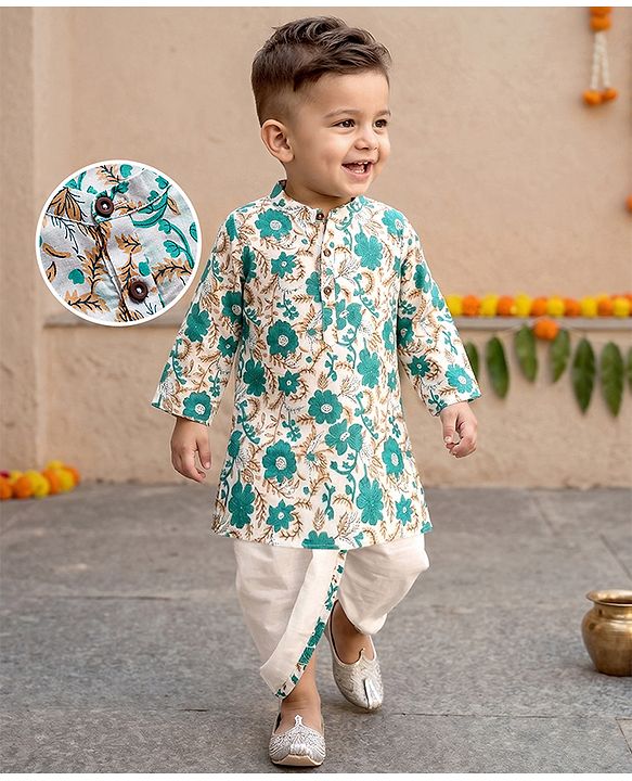 Babyhug Cambric Woven Full Sleeves Kurta Dhoti Set With Floral Print - White
