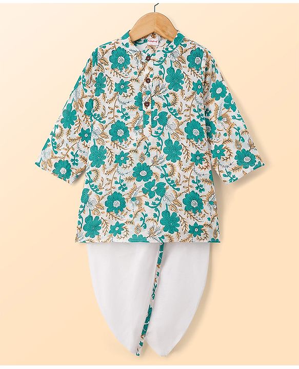 Babyhug Cambric Woven Full Sleeves Kurta Dhoti Set With Floral Print - White